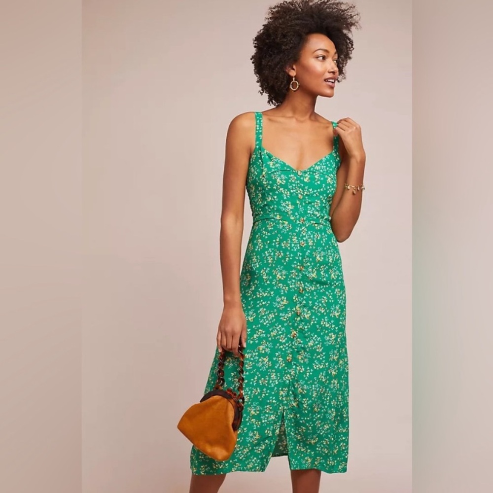 Anthropologie Emerald Green Floral Midi Dress